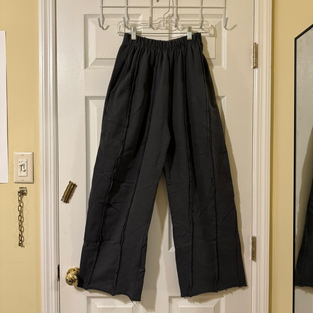 Dark Gray Spliced ​​Raw Edge Loose Wide-Leg Pants